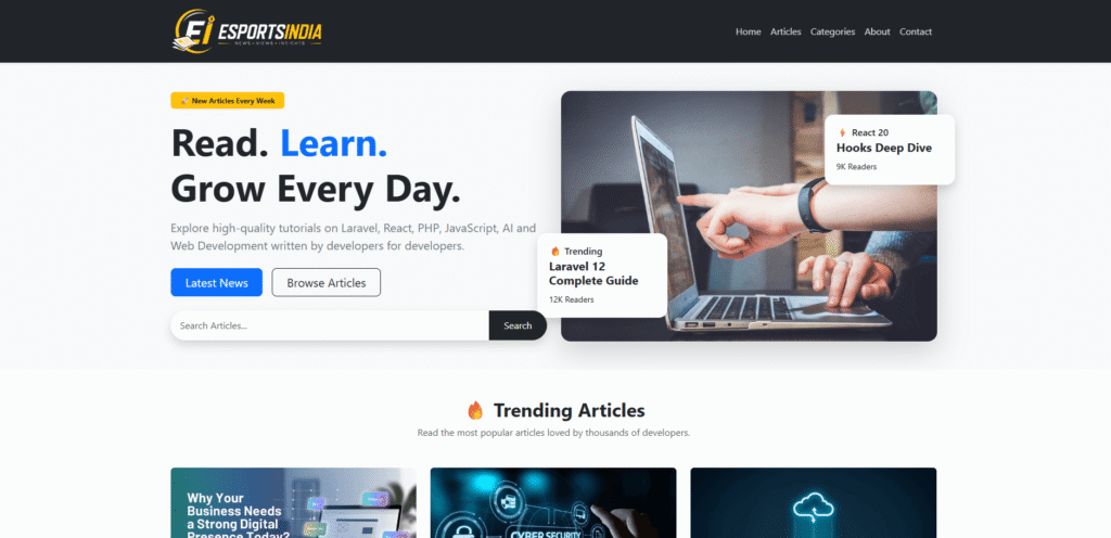 Esports India News website design and development project by StackColon